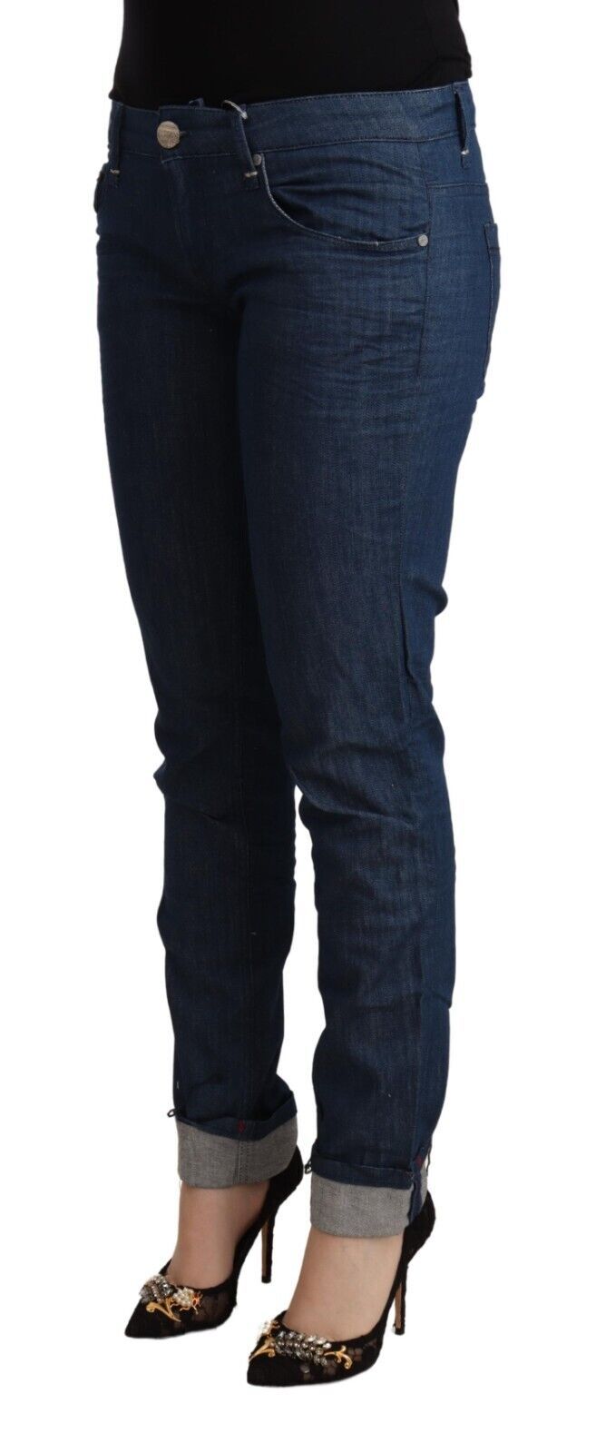 Jeans skinny con orlo piegato in denim skinny a vita bassa in cotone blu