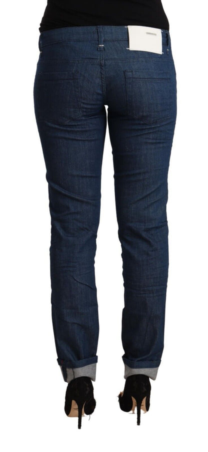 Jeans skinny con orlo piegato in denim skinny a vita bassa in cotone blu