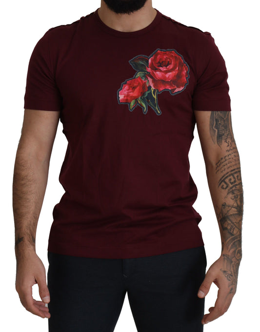 Bordeaux-Rosen-T-Shirt aus Baumwolle mit Rundhalsausschnitt