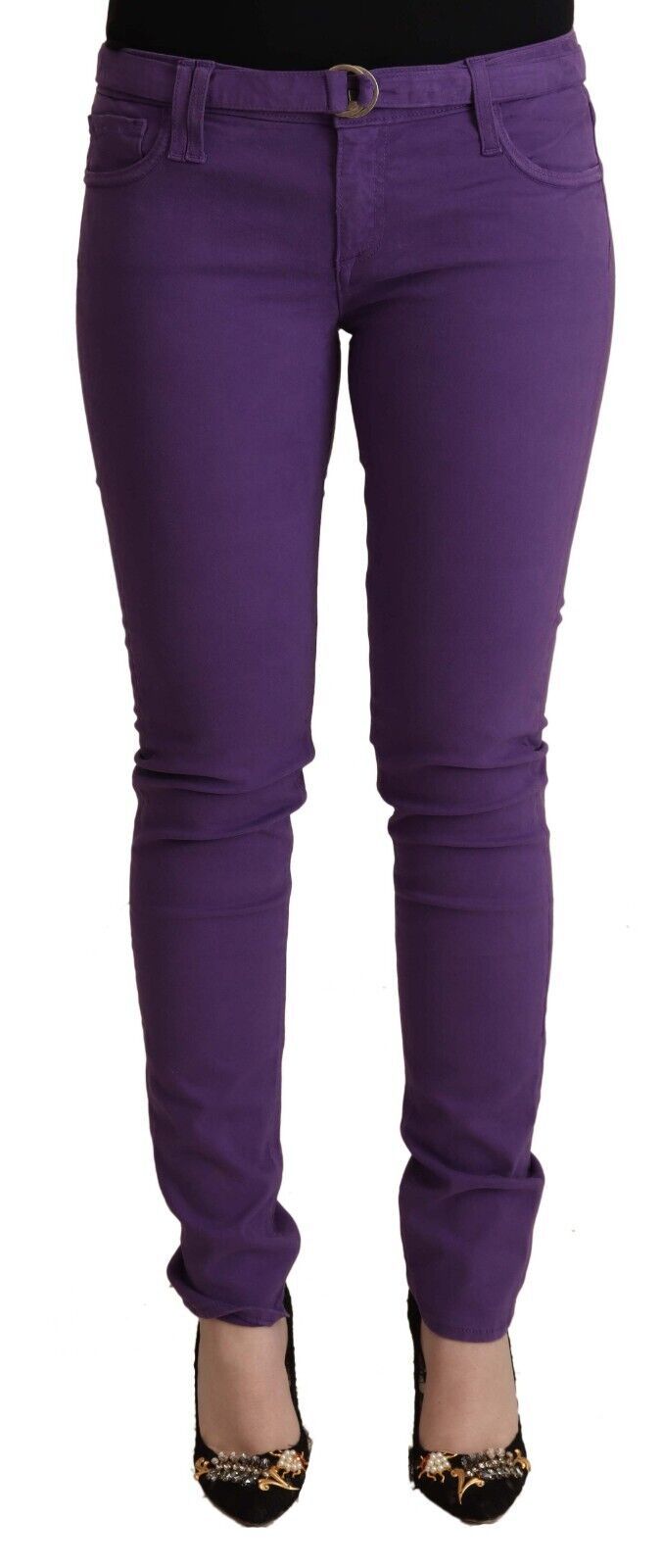 Jeans casual skinny a vita bassa in cotone viola