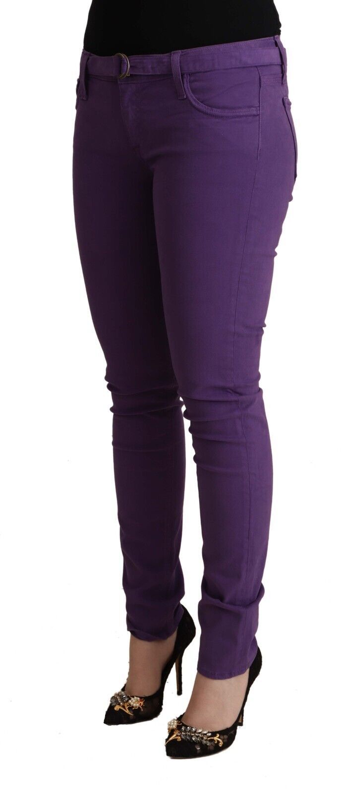 Jeans casual skinny a vita bassa in cotone viola