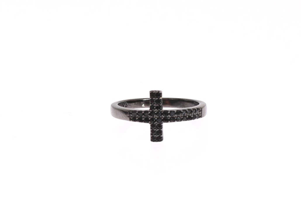 Bague 925 rhodié croix CZ noire