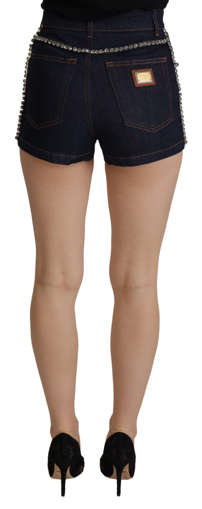 Pantaloncini hot pants in cristallo elasticizzato in denim blu