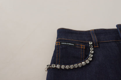 Pantaloncini hot pants in cristallo elasticizzato in denim blu