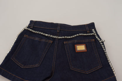 Pantaloncini hot pants in cristallo elasticizzato in denim blu