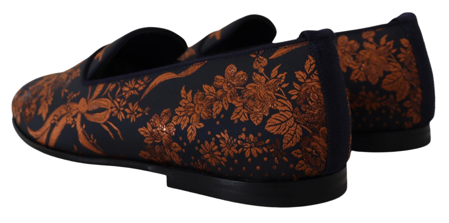 Blaue, rostfarbene, florale Hausschuhe, Loafer-Schuhe