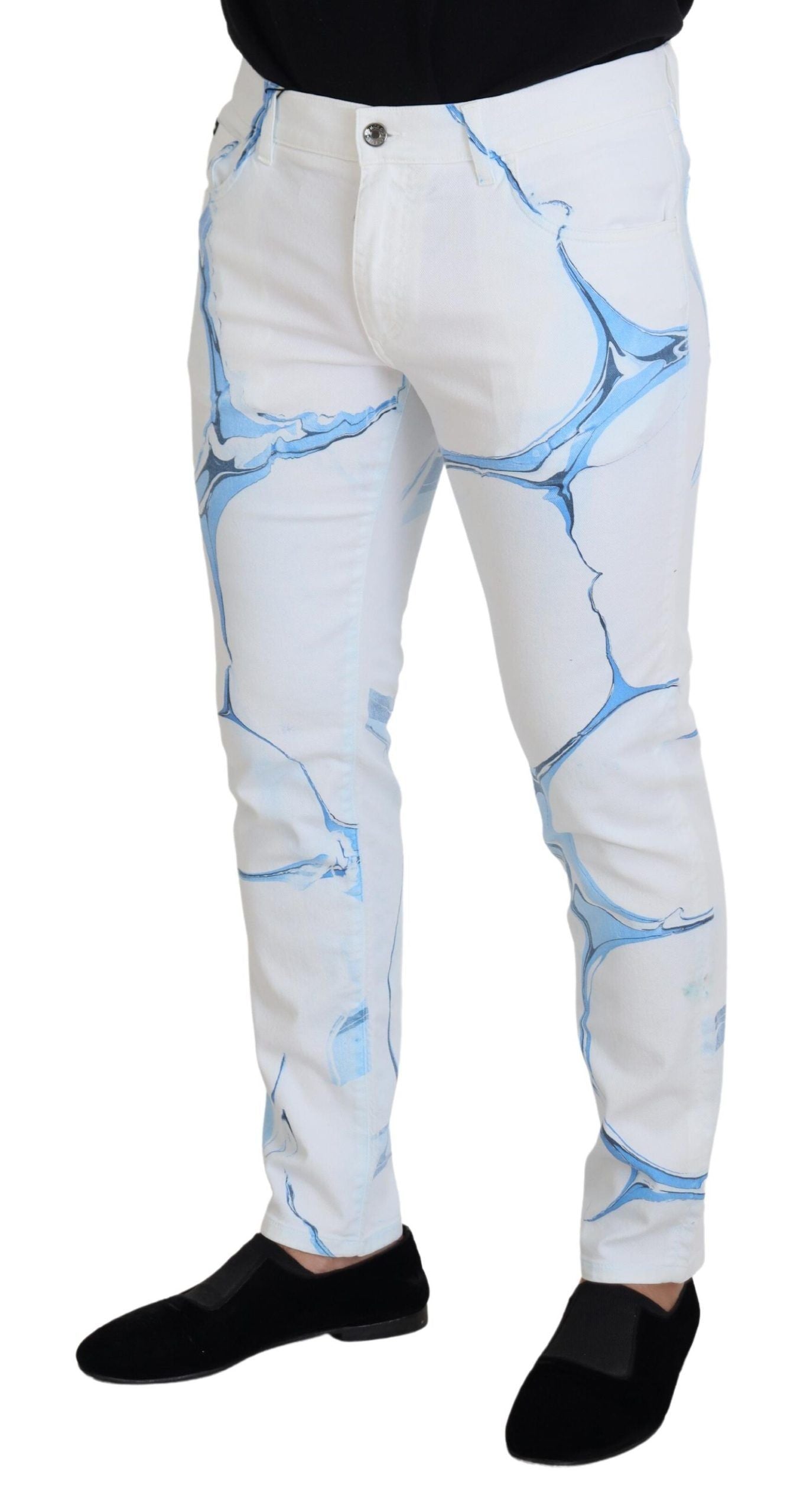 Pantaloni skinny fit elasticizzati in jeans di cotone denim blu bianco