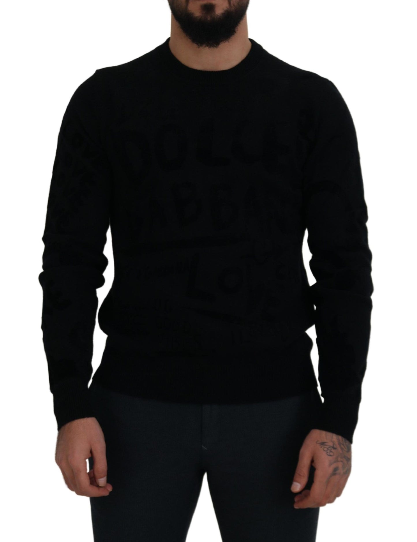 Maglione pullover girocollo con motivo logo in lana nera