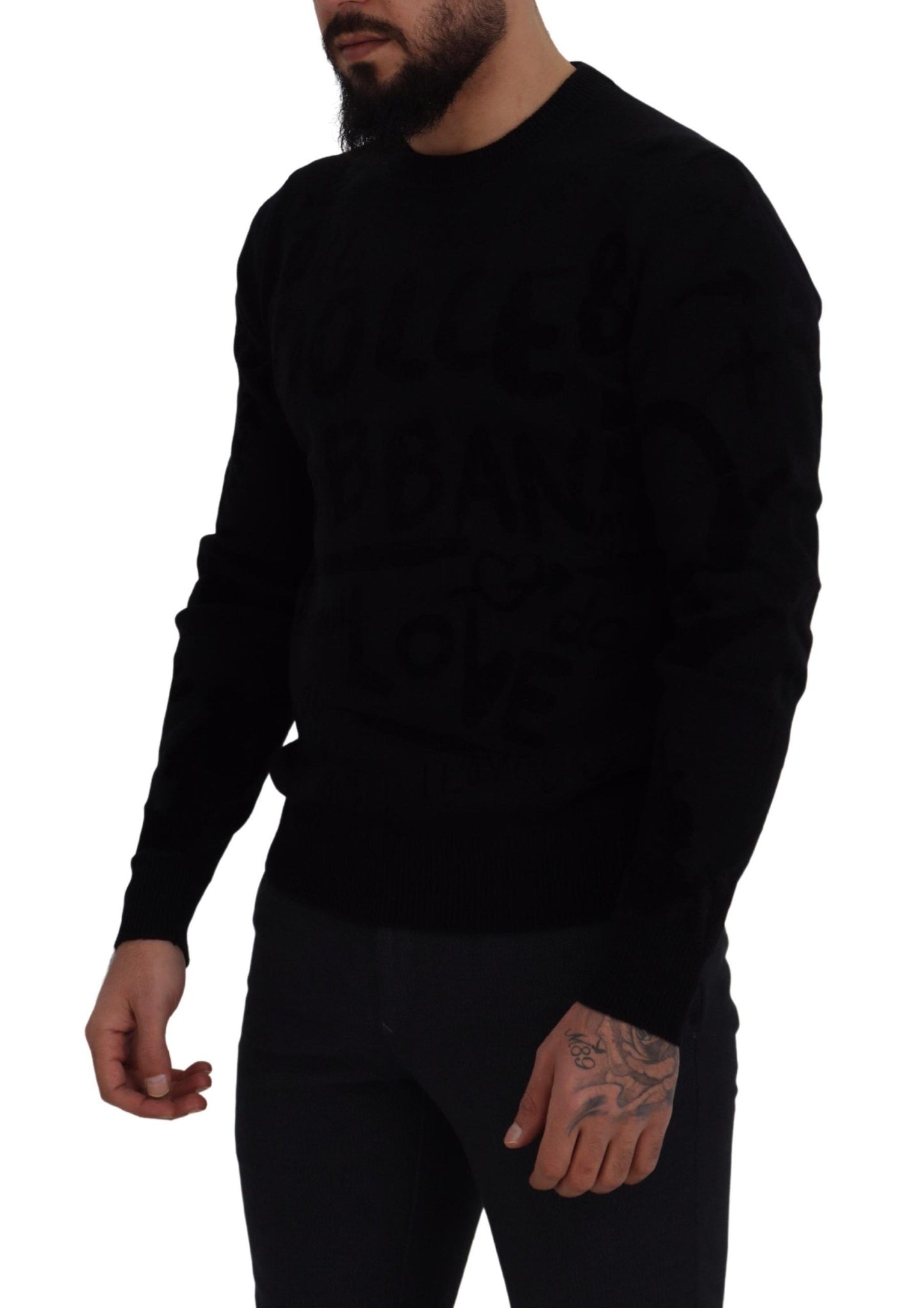 Maglione pullover girocollo con motivo logo in lana nera