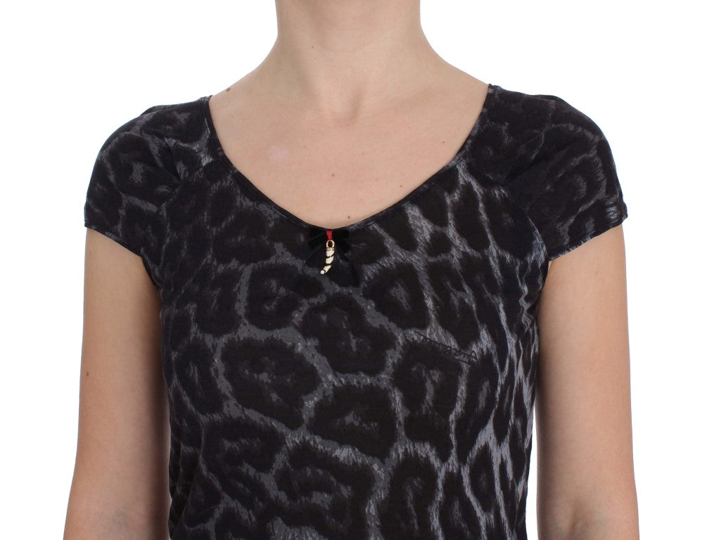 Graues T-Shirt-Blusenoberteil aus Modal mit Leopardenmuster