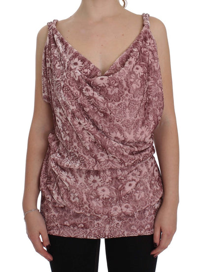 Top blusa in viscosa seta con stampa floreale rosa