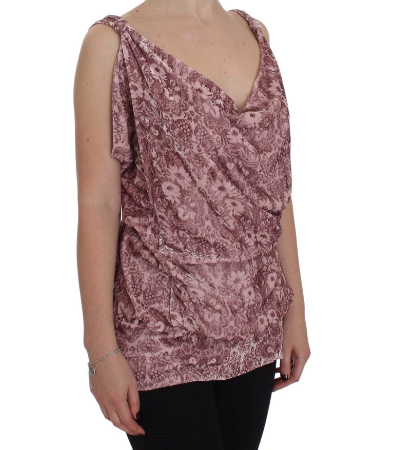 Top blusa in viscosa seta con stampa floreale rosa