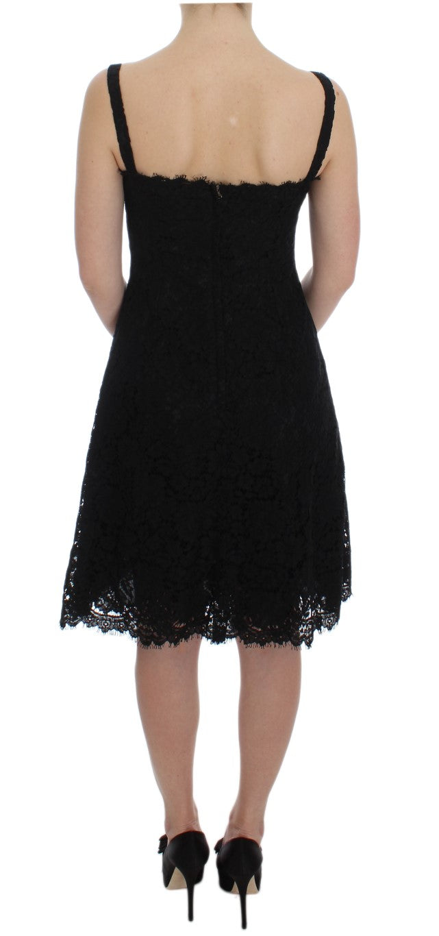 Elegant Black Floral Lace Knee-Length Dress