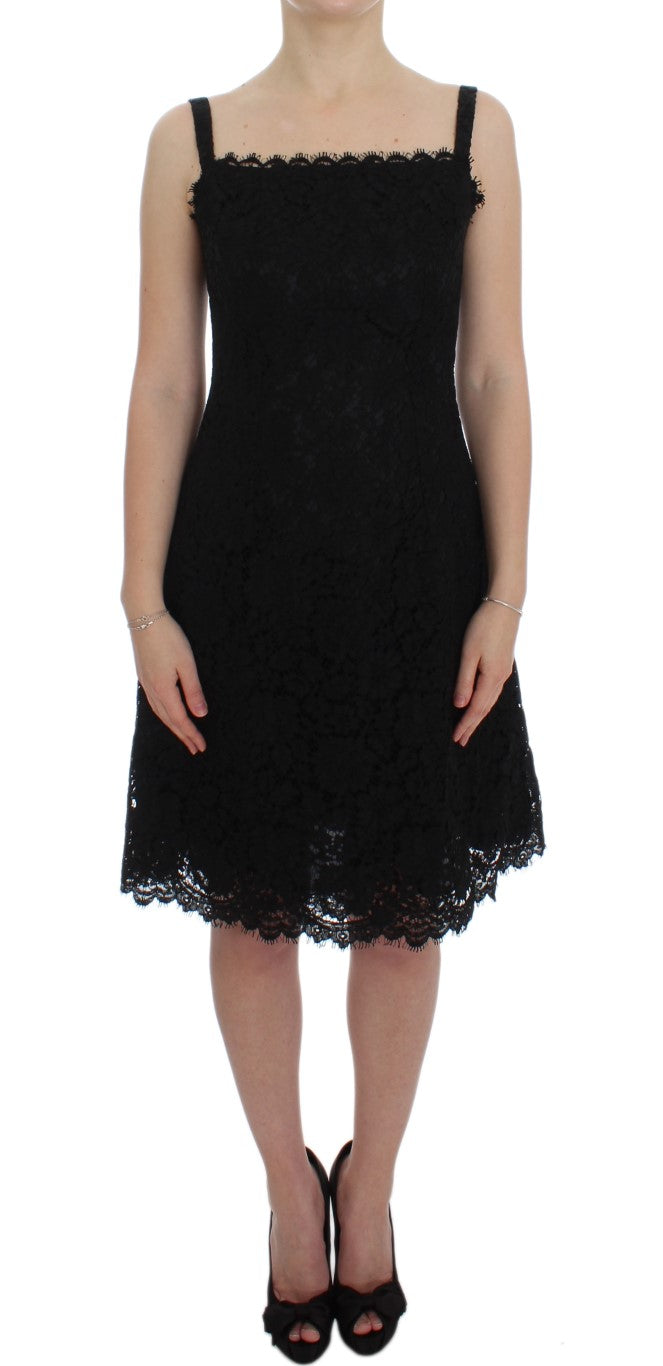 Elegant Black Floral Lace Knee-Length Dress