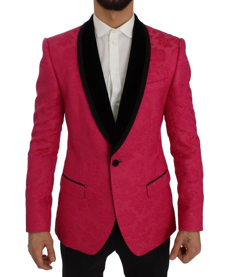 Veste blazer slim en brocart fleuri rose