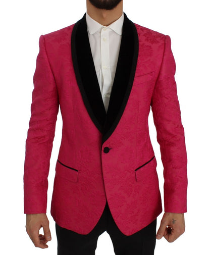 Veste blazer slim en brocart fleuri rose