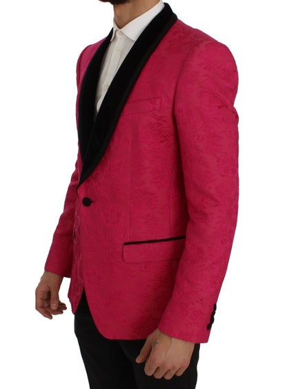 Veste blazer slim en brocart fleuri rose