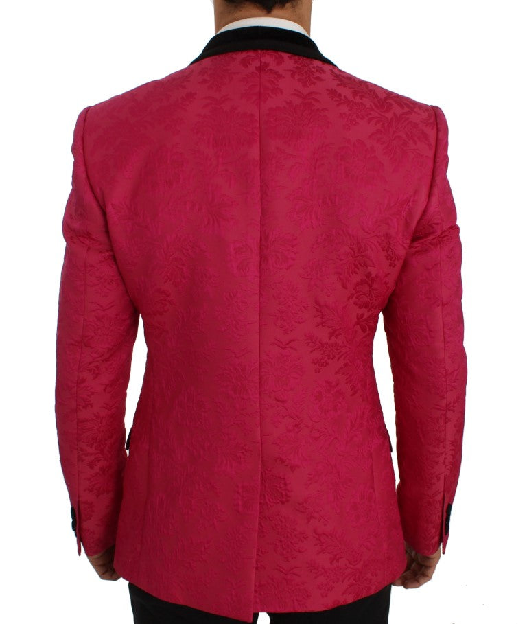 Veste blazer slim en brocart fleuri rose