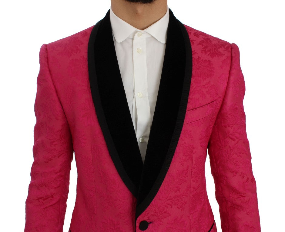 Veste blazer slim en brocart fleuri rose