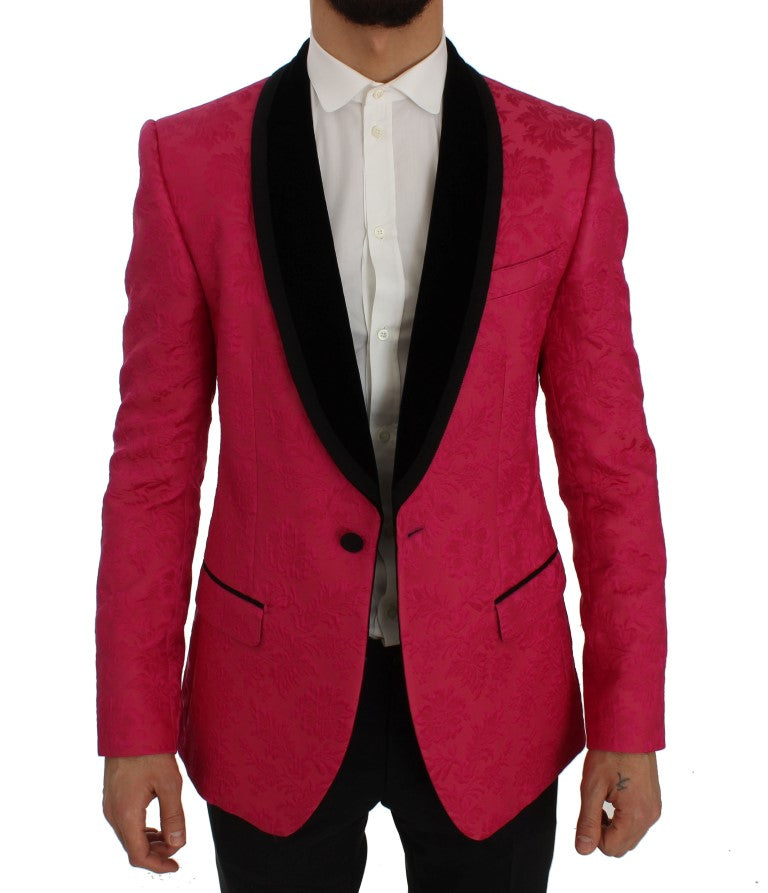 Veste blazer slim en brocart fleuri rose