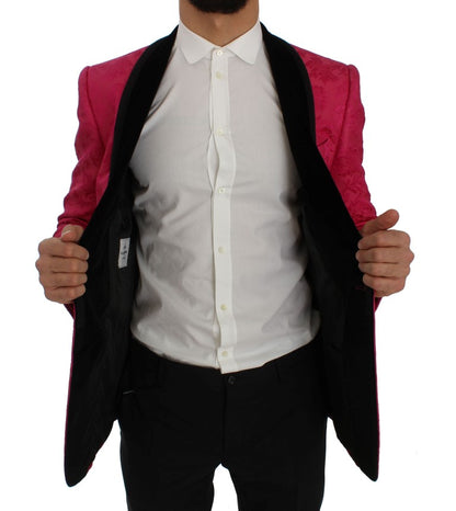 Veste blazer slim en brocart fleuri rose