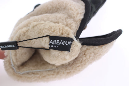 Guanti leopardati verdi con borchie in shearling di lana grigia