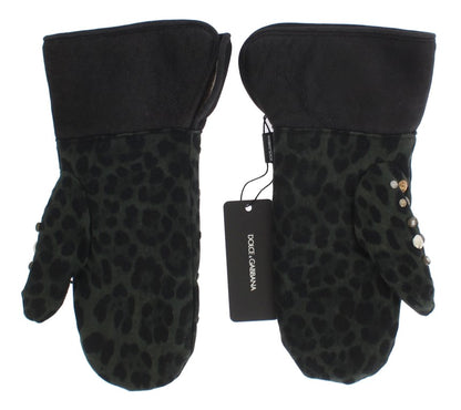 Guanti leopardati verdi con borchie in shearling di lana grigia