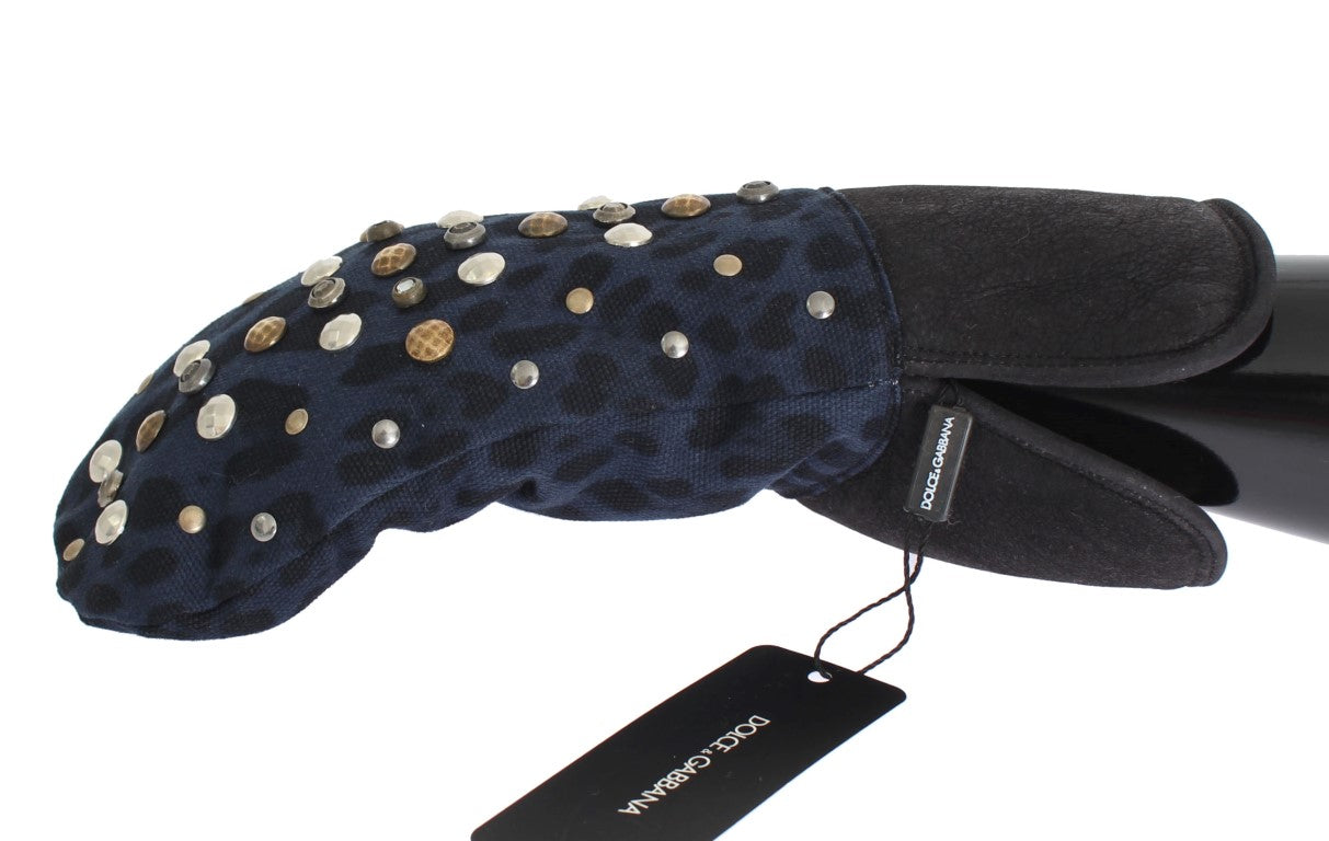 Handschuhe aus grauem Woll-Lammfell mit Nieten und blauem Leopardenmuster