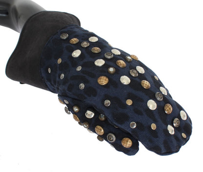 Handschuhe aus grauem Woll-Lammfell mit Nieten und blauem Leopardenmuster