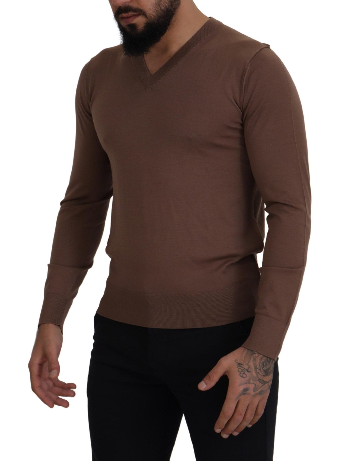 Maglione pullover con scollo a V da uomo in lana marrone