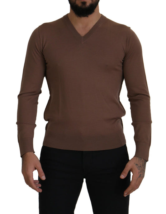 Maglione pullover con scollo a V da uomo in lana marrone