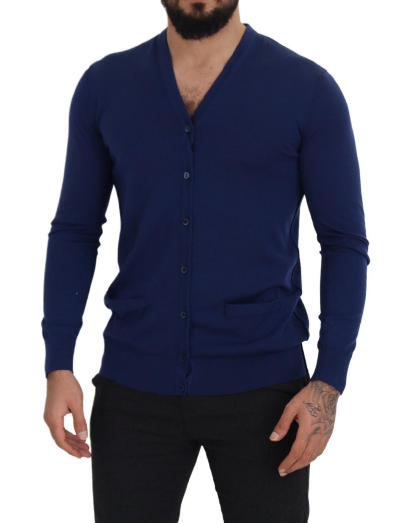 Maglione cardigan abbottonato con scollo a V in lana blu