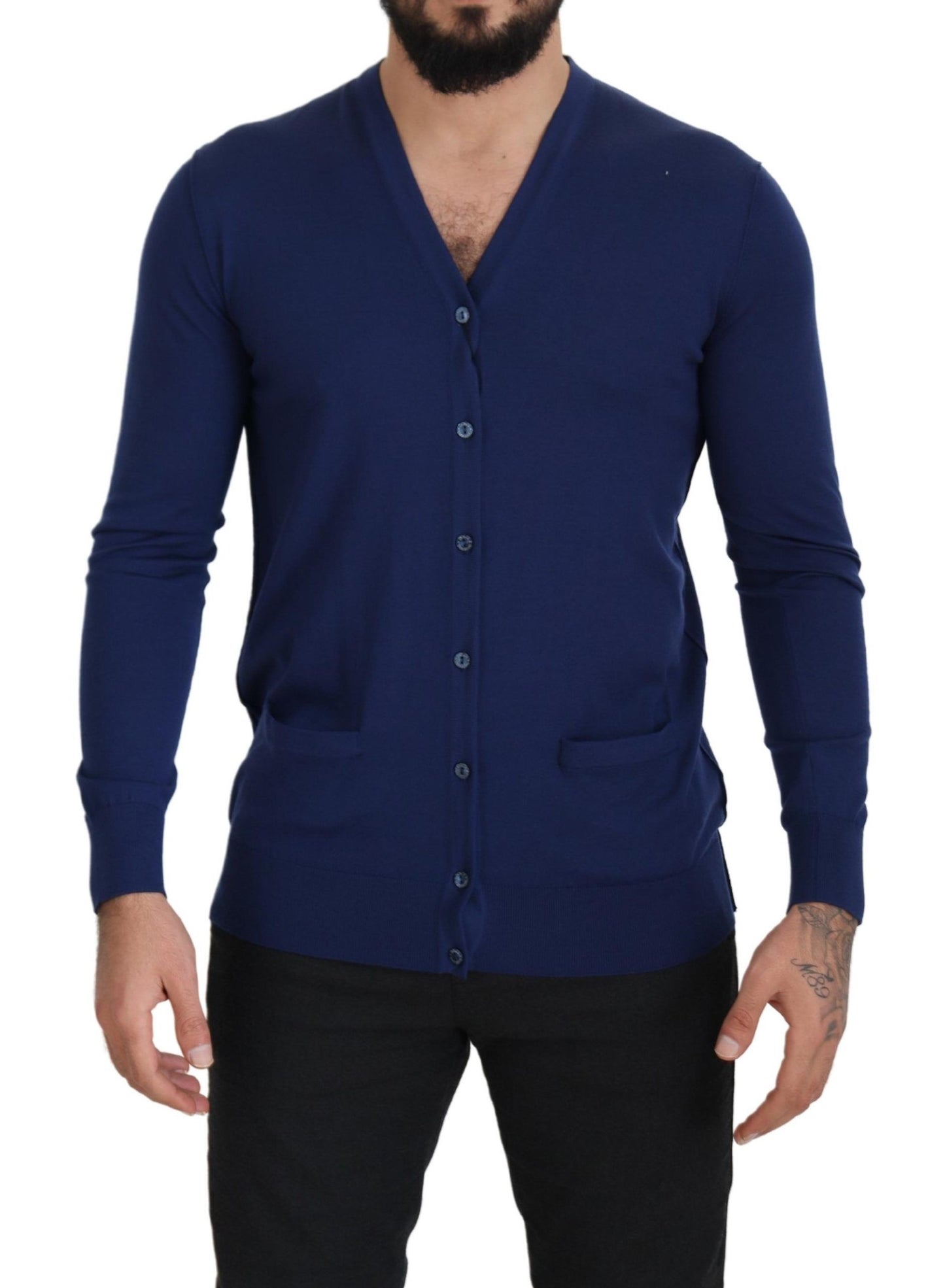 Maglione cardigan abbottonato con scollo a V in lana blu