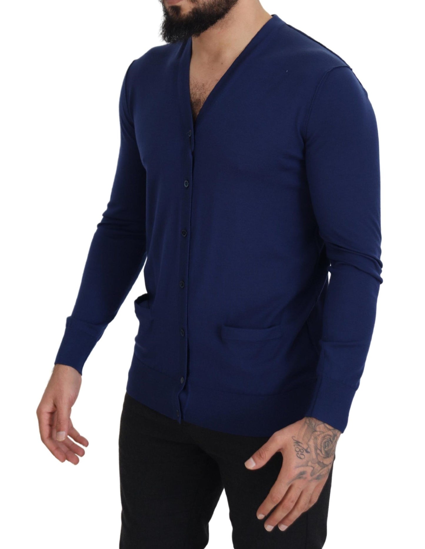 Blauer Cardigan aus Wolle mit V-Ausschnitt und Knöpfen