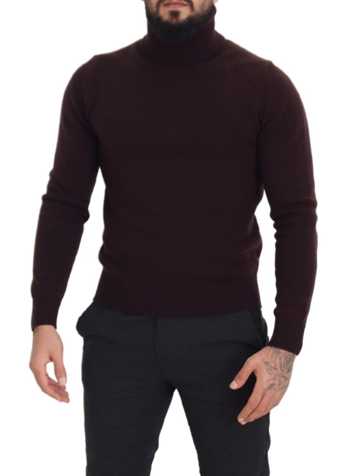 Maglione pullover a collo alto in lana marrone