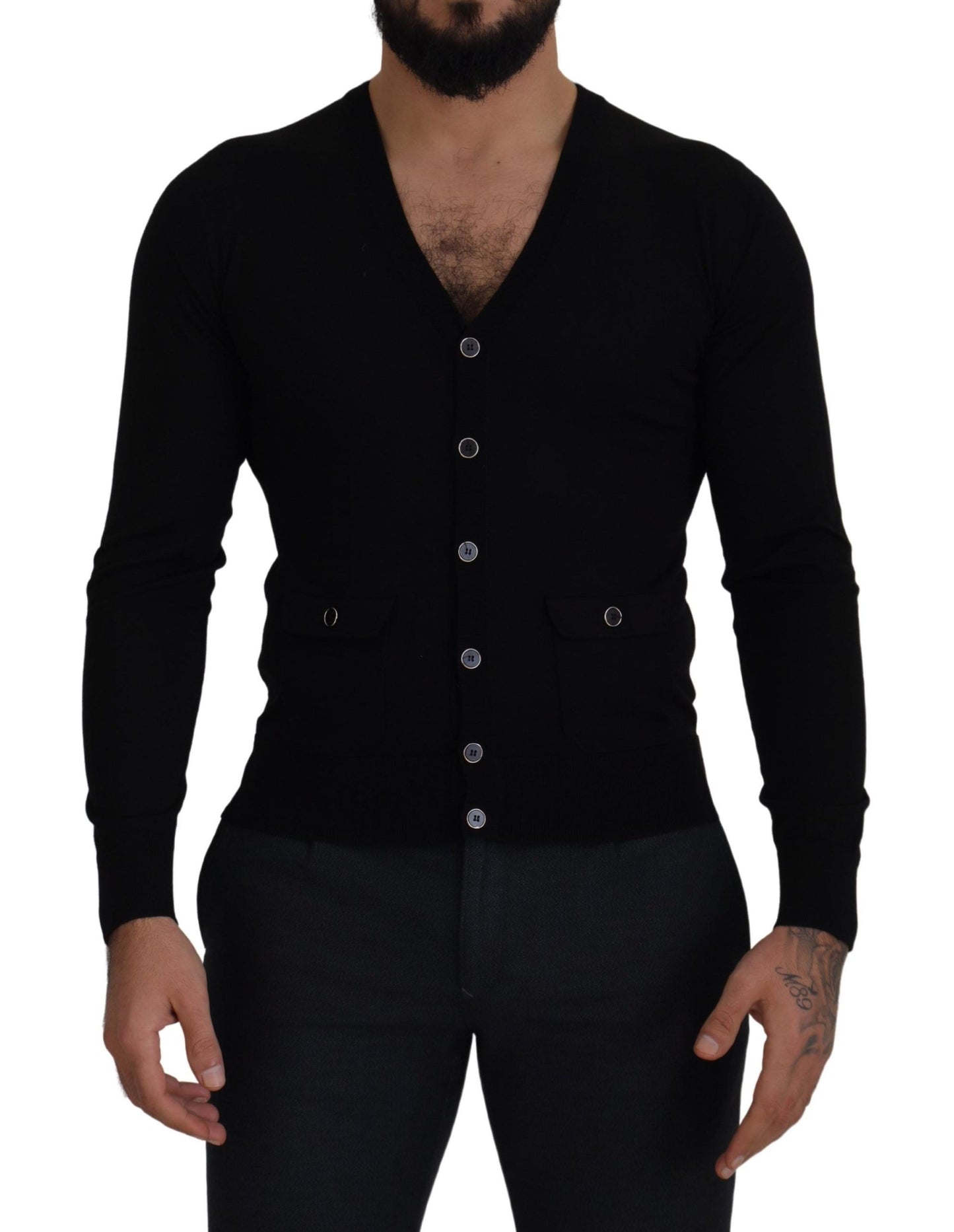 Maglione cardigan abbottonato in lana nera