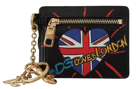 Portamonete porta carte portachiavi #DGLovesLondon in pelle nera