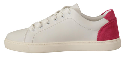 Weiße, rosa Leder-Low-Top-Sneaker für Damen