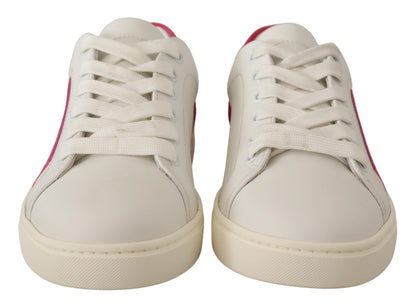 Weiße, rosa Leder-Low-Top-Sneaker für Damen