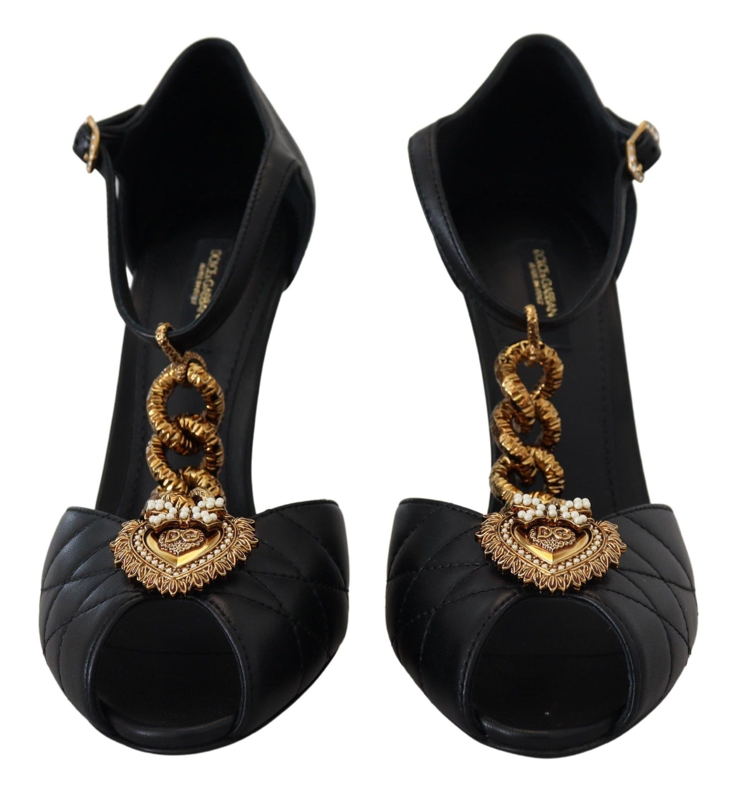 Schwarze Leder-Gold-Devotion-Herz-Sandalen-Schuhe