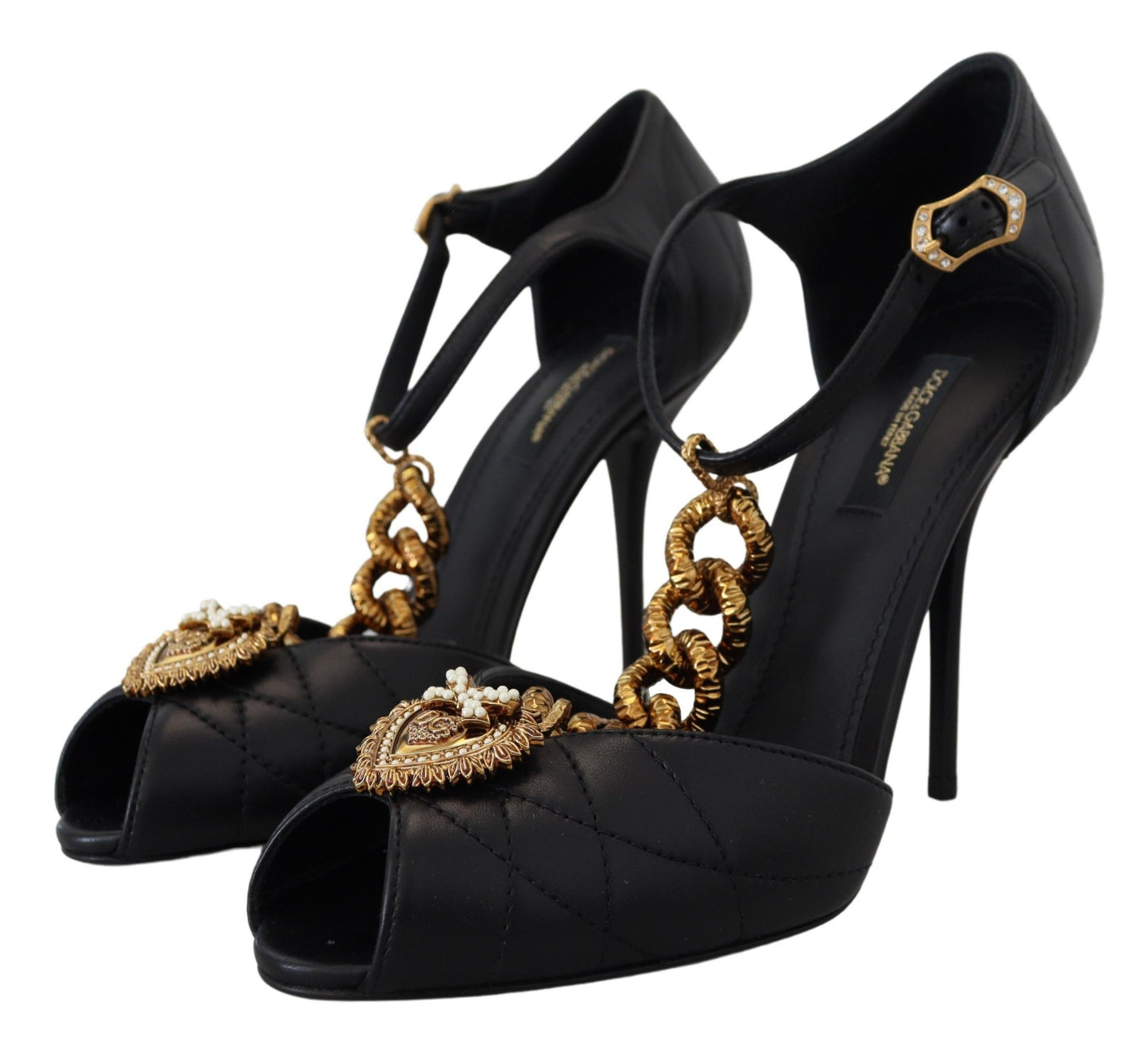 Schwarze Leder-Gold-Devotion-Herz-Sandalen-Schuhe