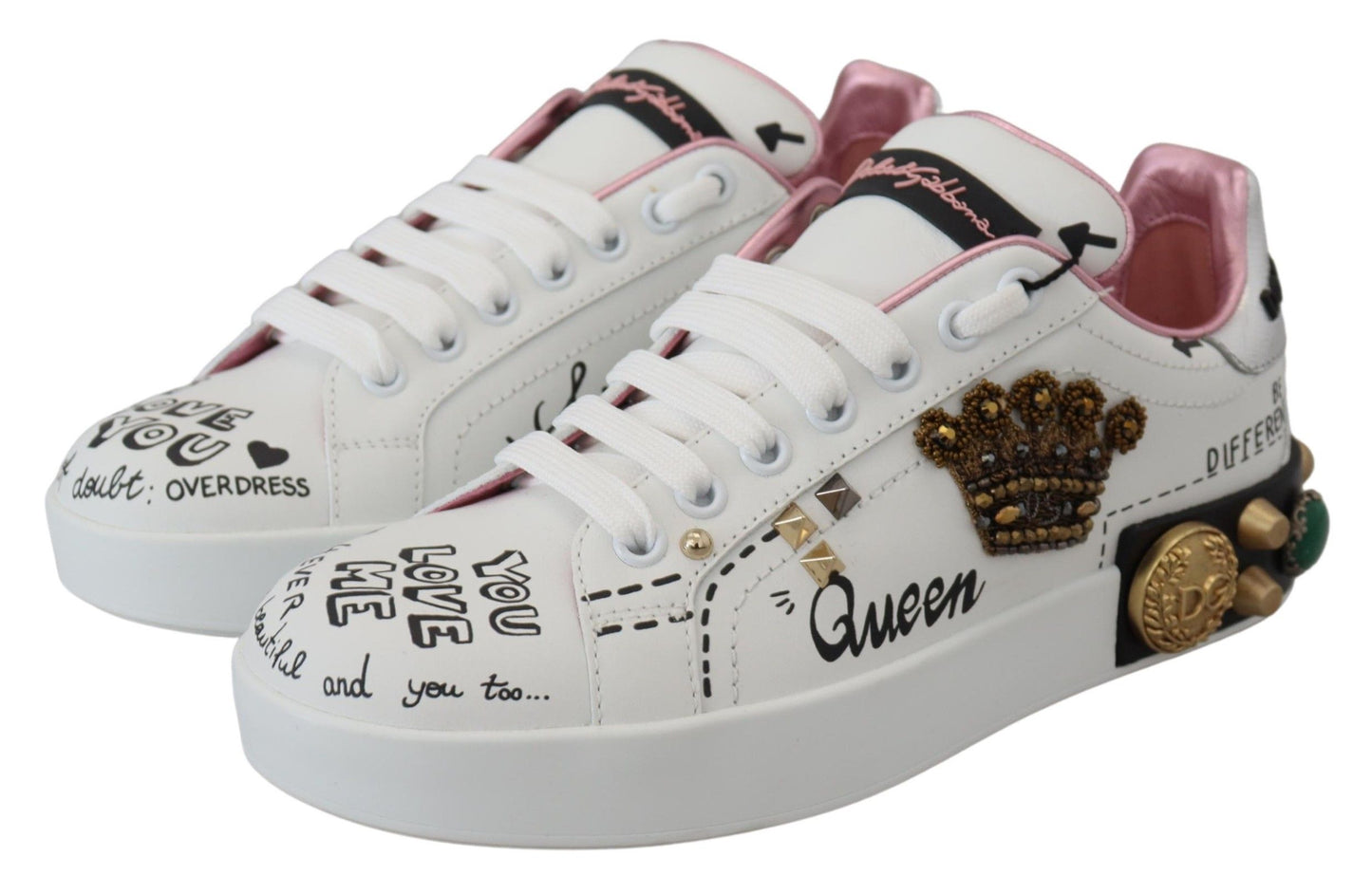 Weiße Leder-Sneaker mit Kristall-Queen-Krone