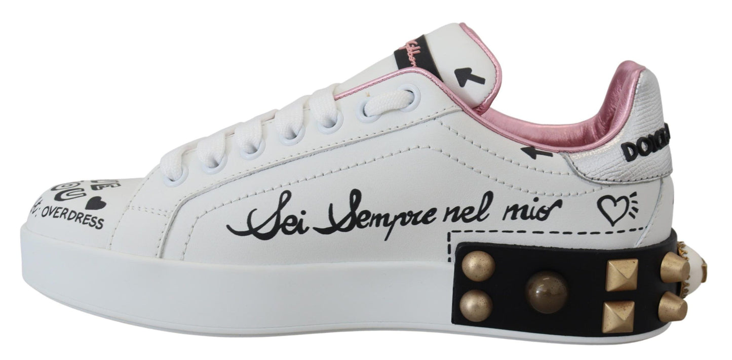 Scarpe da ginnastica in pelle bianca con corona di cristalli Queen Crown