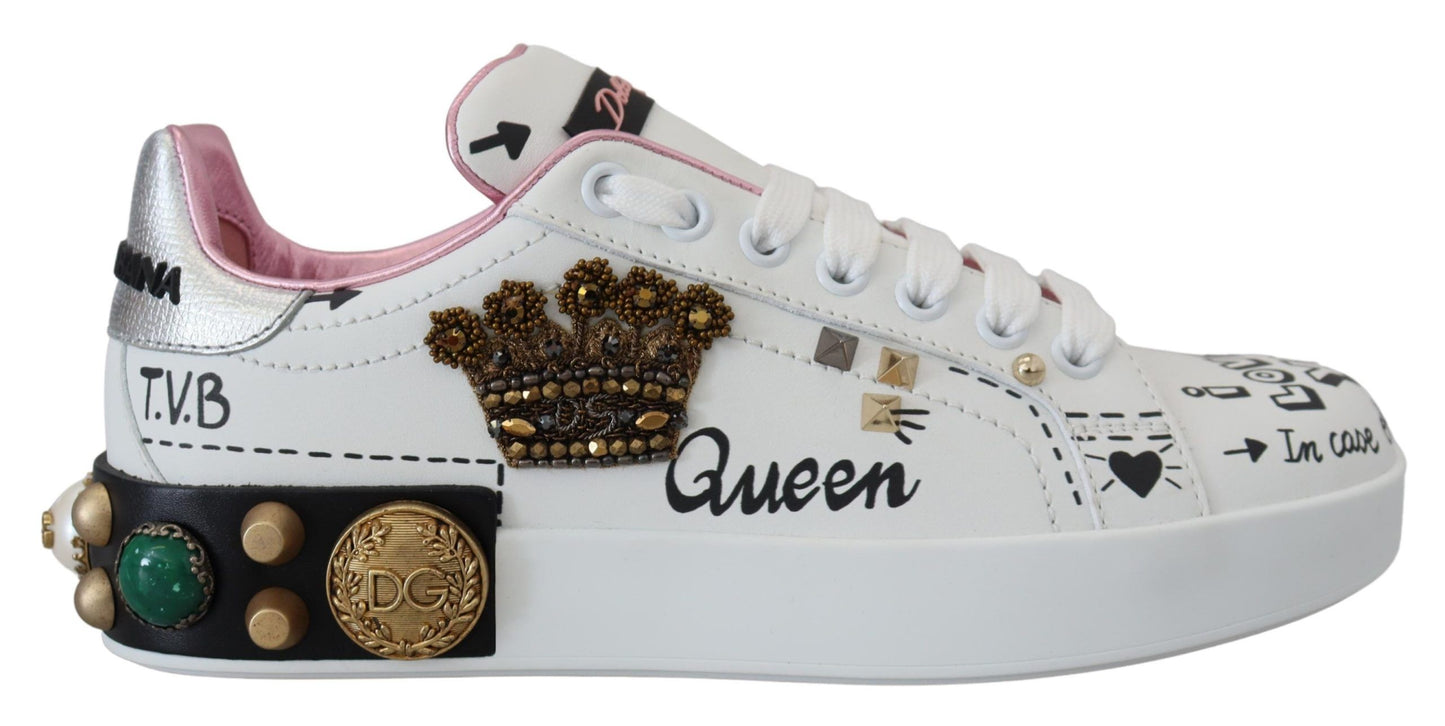 Scarpe da ginnastica in pelle bianca con corona di cristalli Queen Crown