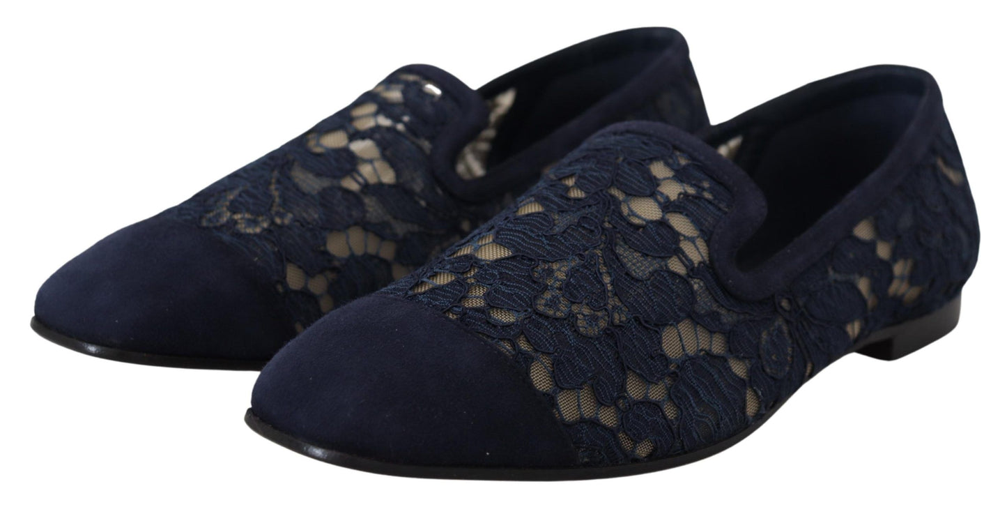 Blaue Slip-Ons mit floraler Spitze, flache Schuhe