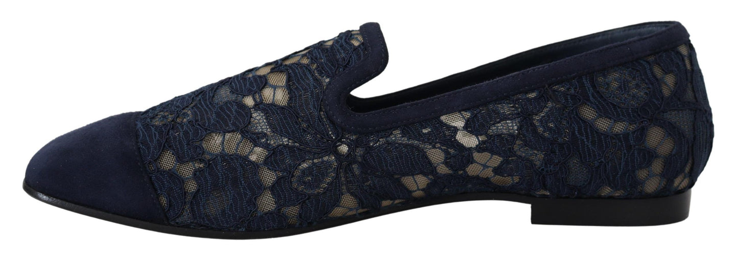 Blaue Slip-Ons mit floraler Spitze, flache Schuhe