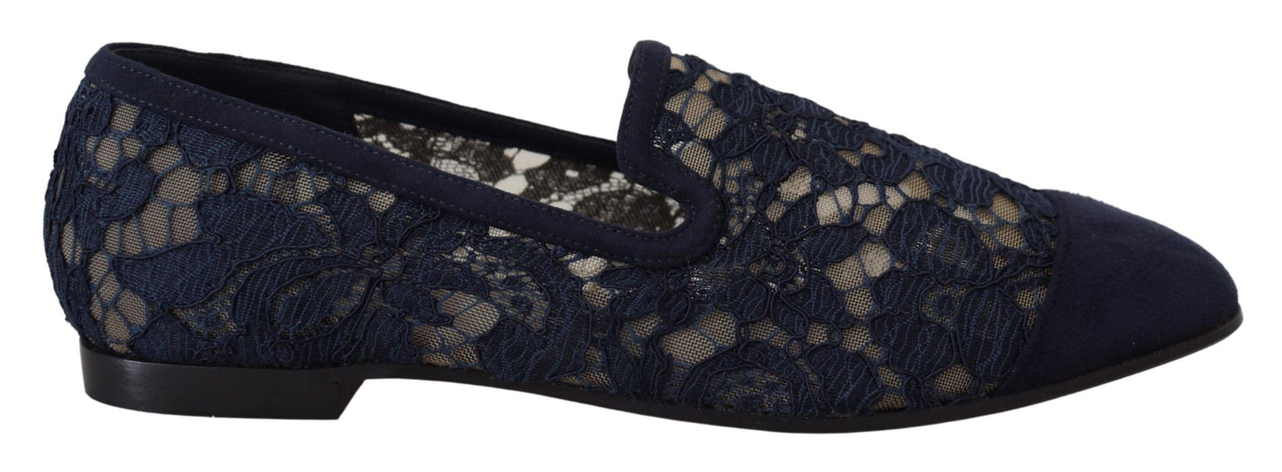 Blaue Slip-Ons mit floraler Spitze, flache Schuhe