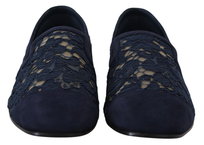 Blaue Slip-Ons mit floraler Spitze, flache Schuhe