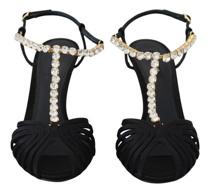 Schwarze Satin-Sandalen mit klarem Kristall und T-Riemen