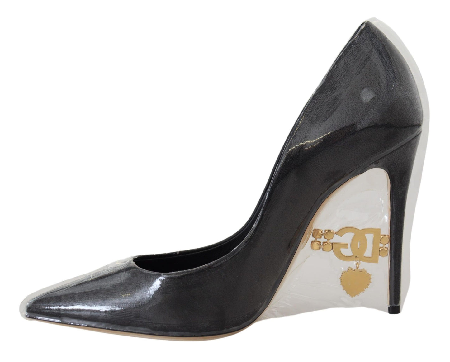 Schwarze Leder-Pumps, mit Kunststoff umwickelte Schuhe